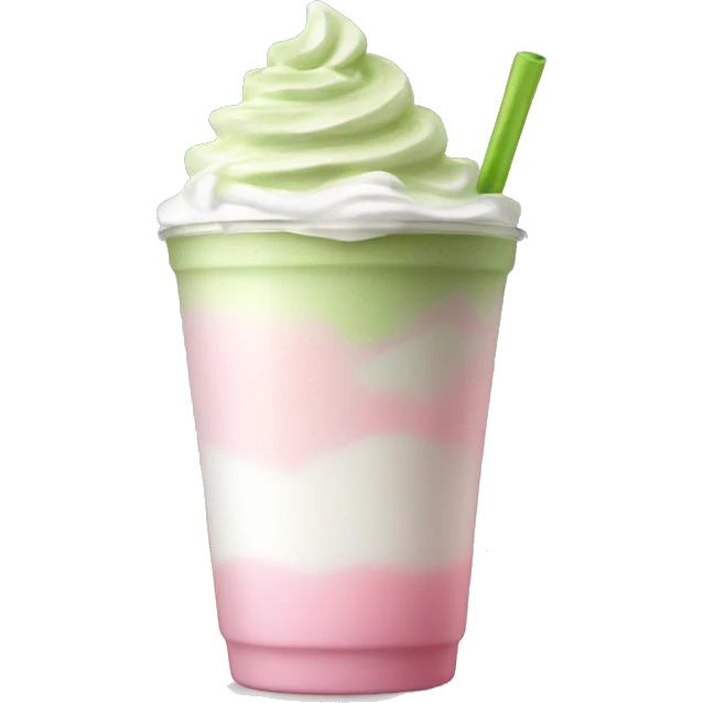 Clear cup with light pink drink, matcha foam on top, white whip cream on top emoji