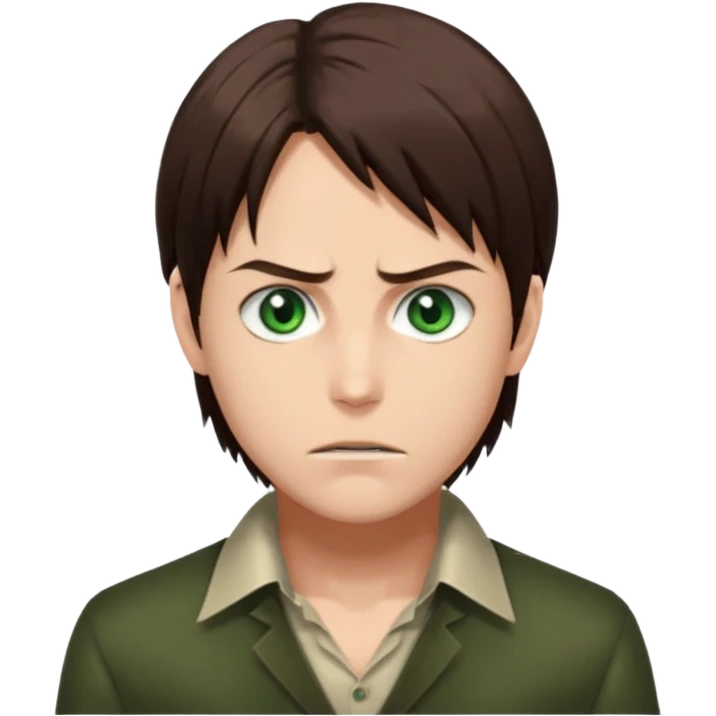 “Create an avatar that looks like Eren Yeager from Attack on Titan, Season 4 — sharp jawline, tied-back long brown hair, intense green eyes. No expression.  emoji