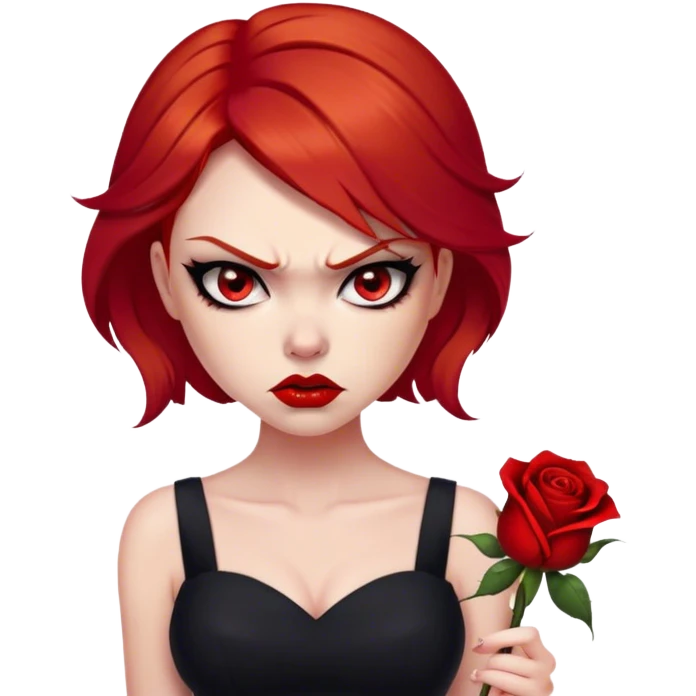 a beautiful very angry woman with red hair and red eyes. The woman wear a black little cutted dress. She have red lipstick and she have a seductive look. She have a rose flower in her hair. Angry face emoji