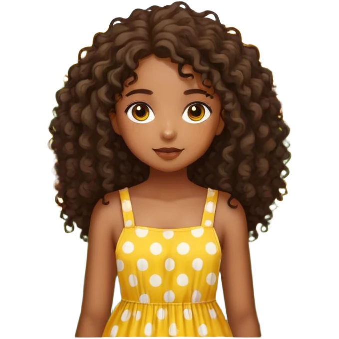 Create an image of a young beautiful black girl with detailed features. She has curly hair cascading down her shoulders and striking, large hazel eyes. She is wearing a yellow sundress with white polka dots. She is standing in a field full of sunflowers emoji