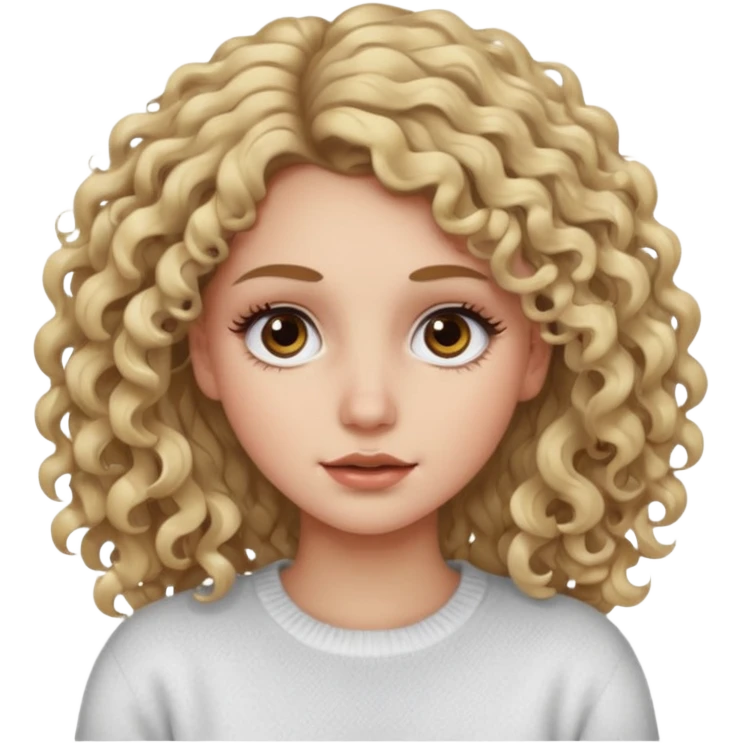 a dirty blonde girl with brown eyes and make her wearing a white sweater with curly hair and white skin color, long hair and big lashes emoji