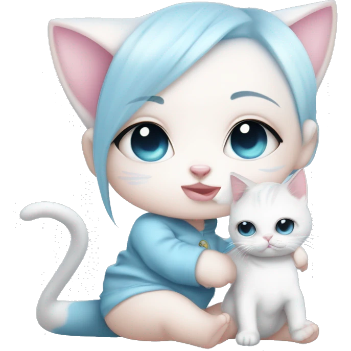 CHIBI WHITE SKIN CAT BABY BLUE AND BABY PINK SHOR HAIR GIRL WITH ONE EYE BLUE AND THE OTHER WHITE. ALSO SHE IS SIPPING A CUP emoji