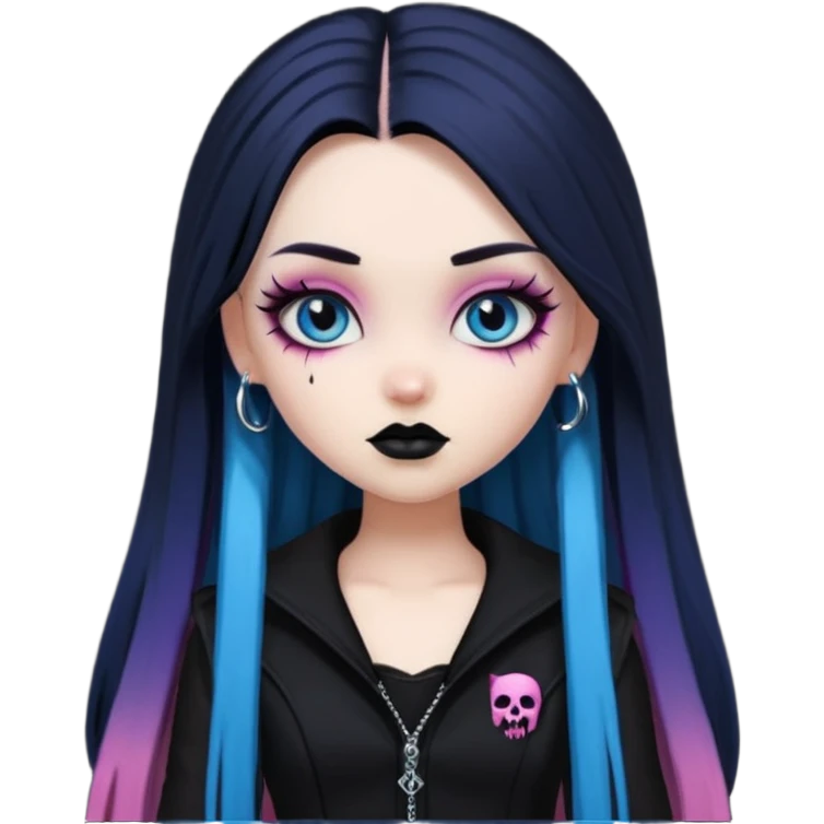 goth bratz baddie, beautiful blue eyes, gothic black makeup, long straight black-pink hair, black gothic hair styled, black goth clothes emoji