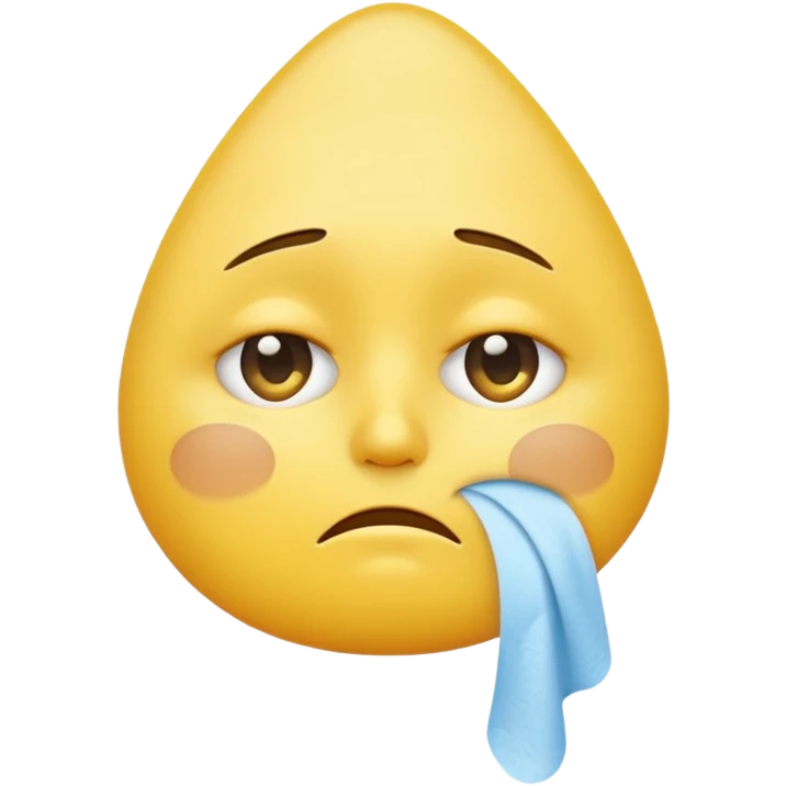 yellow emoji face with sad expression, large teardrop under one eye, white tissue wiping the tear held close to the face, simple white background emoji