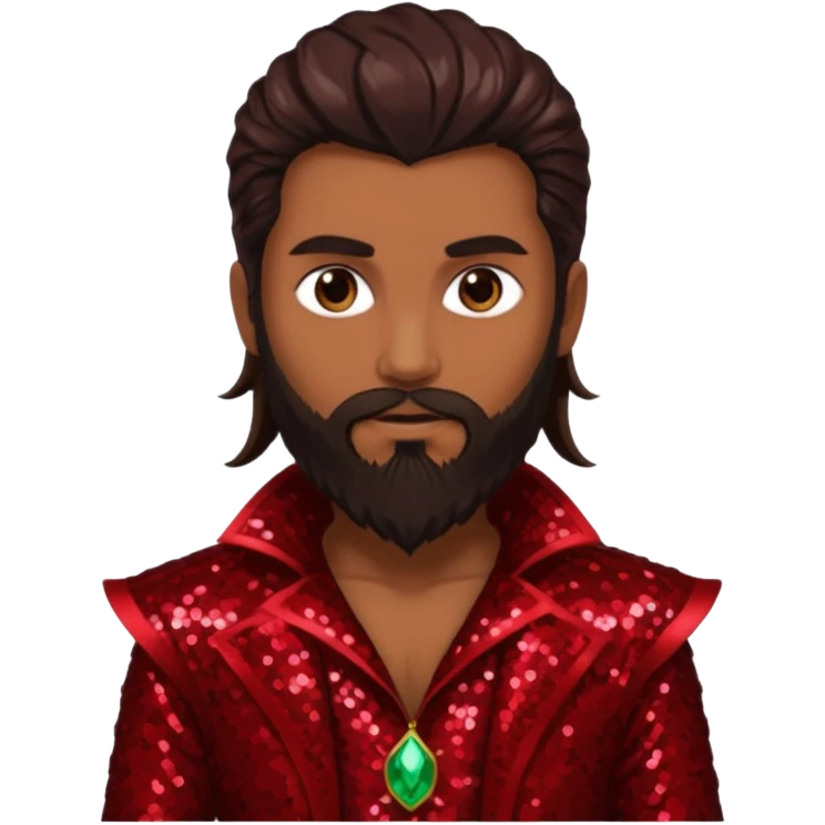 Samael, Poison of God from Gods and Goddesses with tan skin, long dark brown and beard, dark red sequin outfit emoji