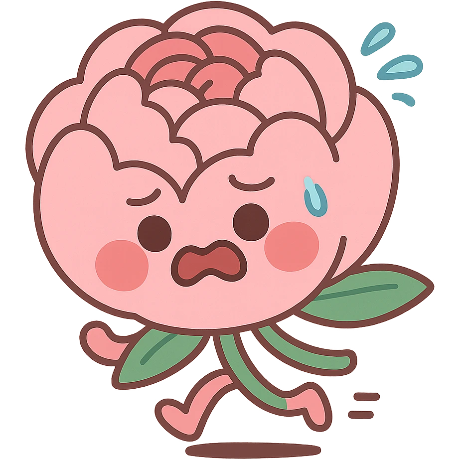 round chibi pastel pink peony flower with blushing cheeks and a panicked expression, rushing with tiny legs, pastel toon style emoji