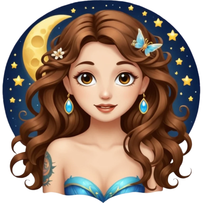 flirty moon fairy woman long wavy brown hair tattoos wink sparkle emoji