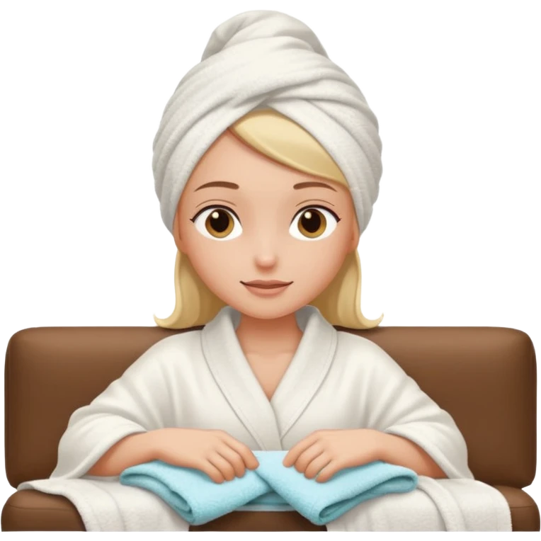 spa A contented and relaxed girl with a towel on her head in a white robe lies on a couch emoji