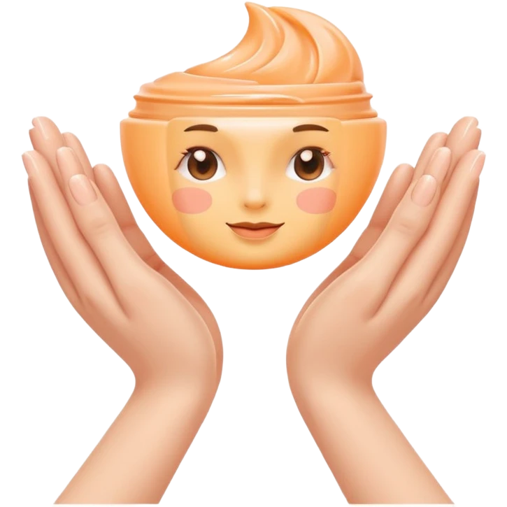 Minimal emoji of 2 hands gently applying skincare cream, soft nude and peach tones, clean beauty aesthetic, calm and elegant, subtle glow emoji
