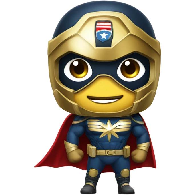 super herói similar ao capitão américa, usando um escudo dourado no toráx, com um cifrão de dinheiro emoji