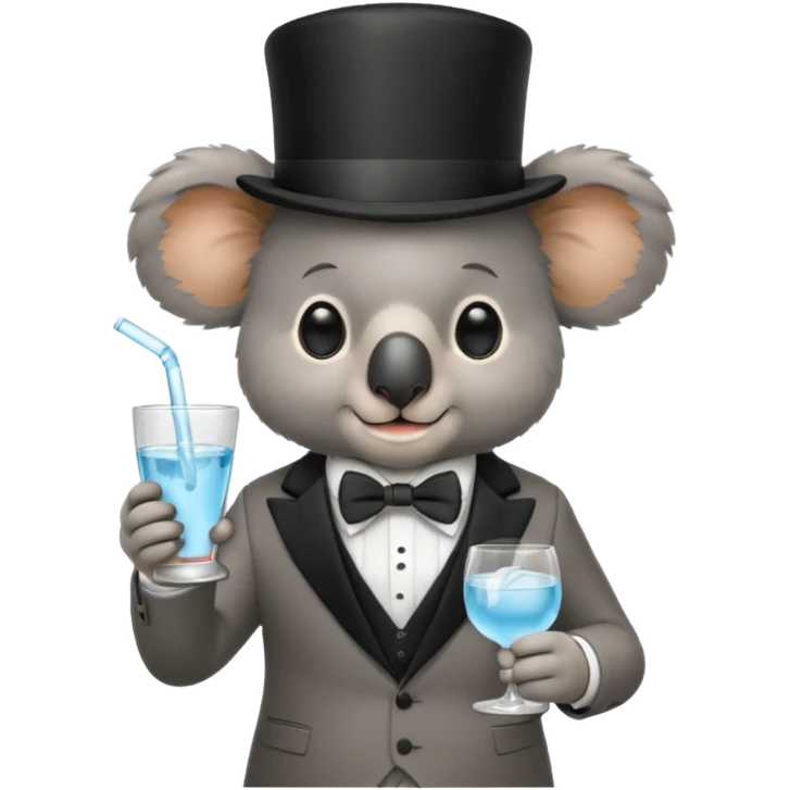 koala wearing suit, bowtie and top hat, holding glass of water emoji