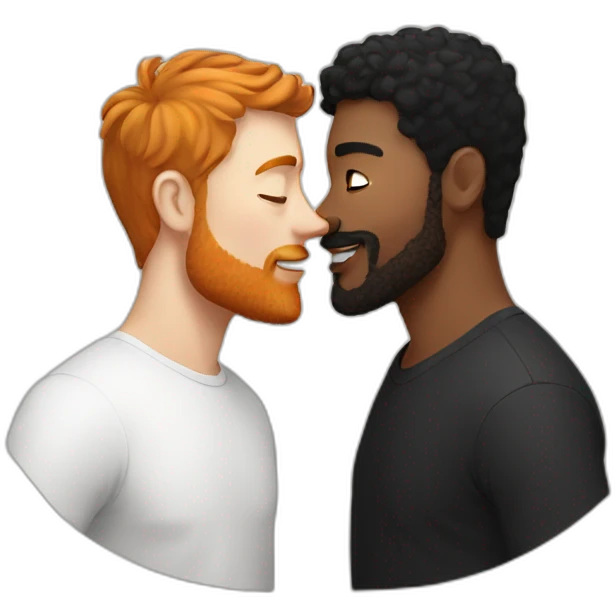 White Man with brown hair and ginger beard kissing white man with black hair emoji