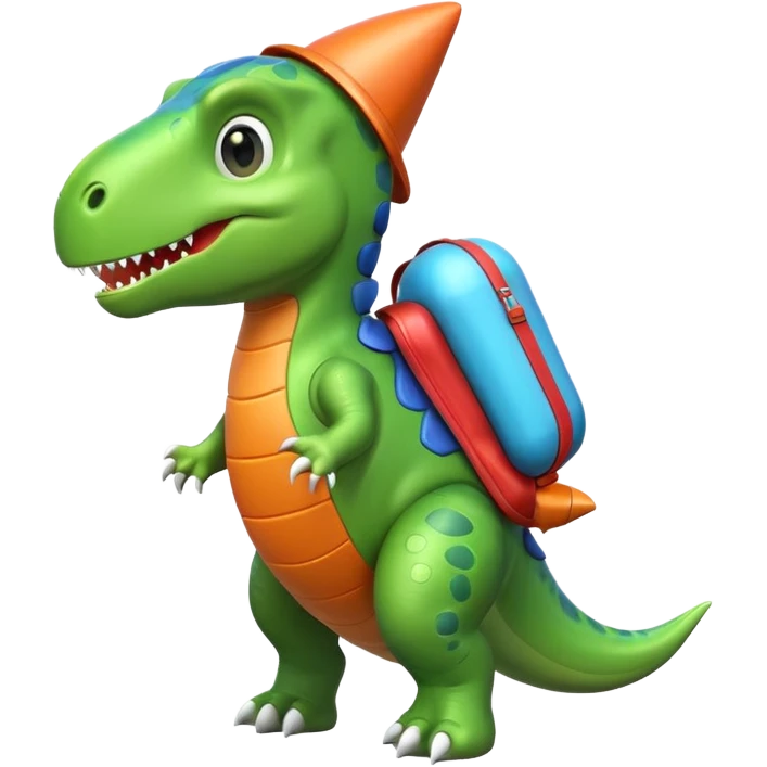 cute toy-like rocket-propelled dinosaur, rounded shapes, glossy texture, colorful rocket backpack, happy expression, 3D cartoon, mobile game icon style, clean background, no text, no watermark
 emoji