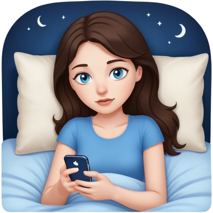Brunett white girl with blue eyes, laying In bed at night , using her iPhone emoji
