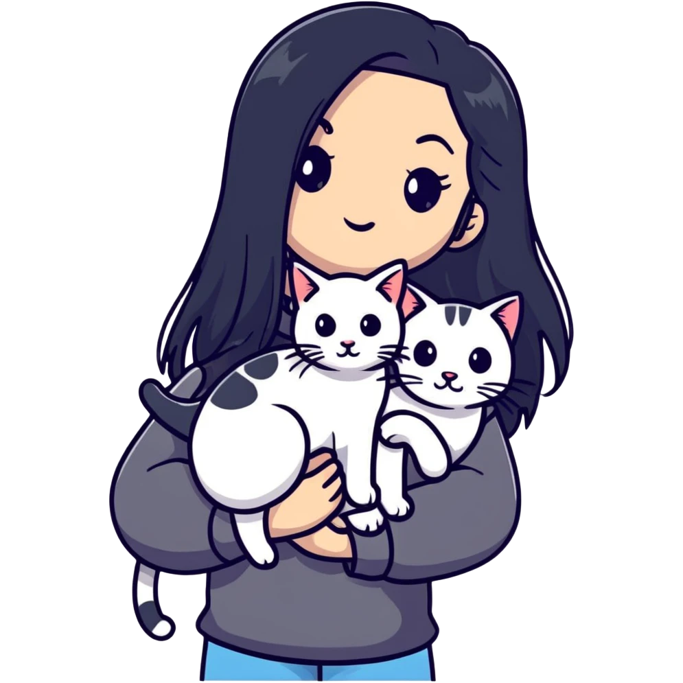 Beautiful girl with long black hair holding a hairless cat emoji