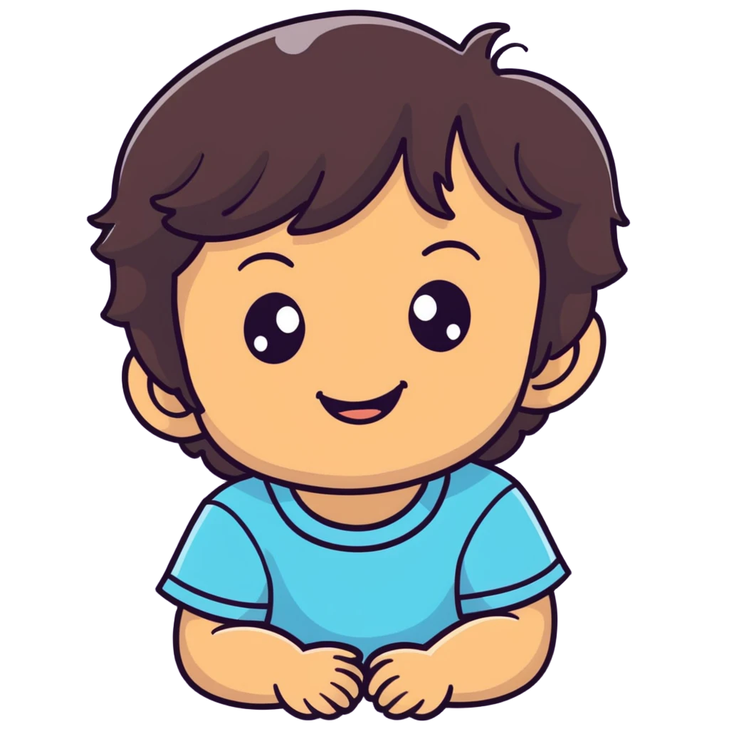 smiling toddler face with big eyes, medium skin tone, and dark wavy hair emoji