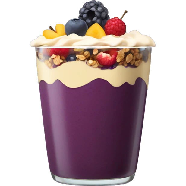 Açaí in a clear cup with layers of fruits and granola and condensed milk emoji