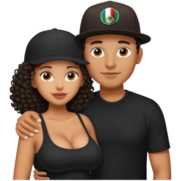 A picture of an embracing tanned couple. the man is a Mexican man with tanned skin, with a bald hair cut wearing a SnapBack hat and a black shirt. the woman has curly dark brown hair and with big boobs emoji