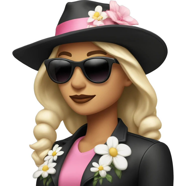  woman wearing a black hat adorned with a white flower and smaller decorative flowers. She is also wearing black sunglasses and a shiny pink jacket over a black top. She appears in a side profile pose , her head slightly tilted back. White skin emoji