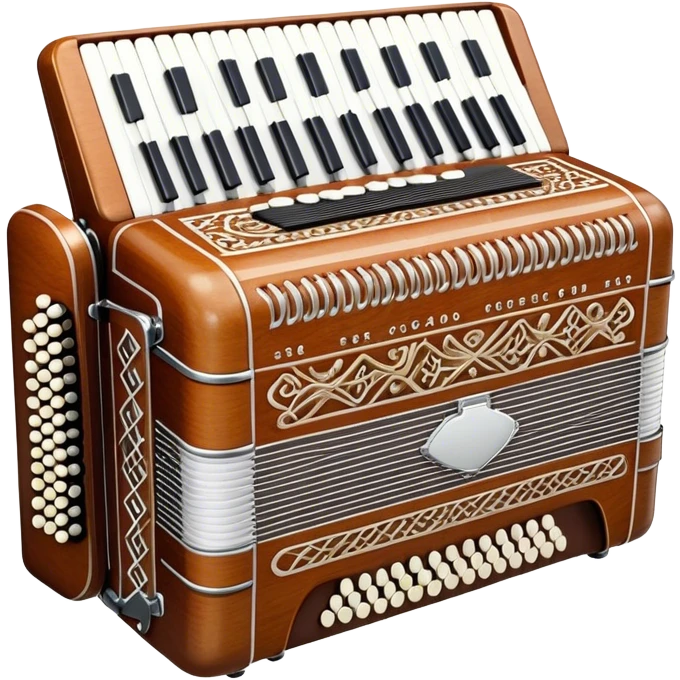Cinematic Realistic image of a classic accordion, rendered with finely detailed textures and intricate keywork, set against a backdrop of soft, ambient lighting that highlights its vintage charm emoji