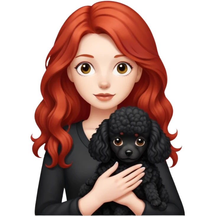 Girl with long red hair hold a black small poodle dog emoji
