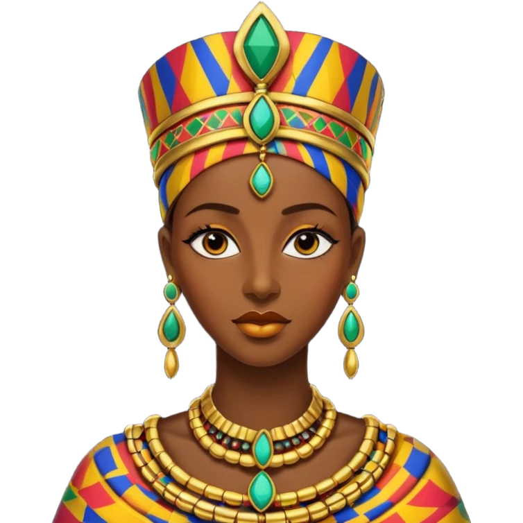 Create me an emoji of a beautiful Ethiopian Queen of Sheba wearing a colorful African patterns. emoji