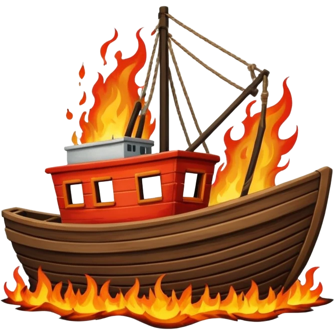 Wooden fishing boat on fire sinking emoji