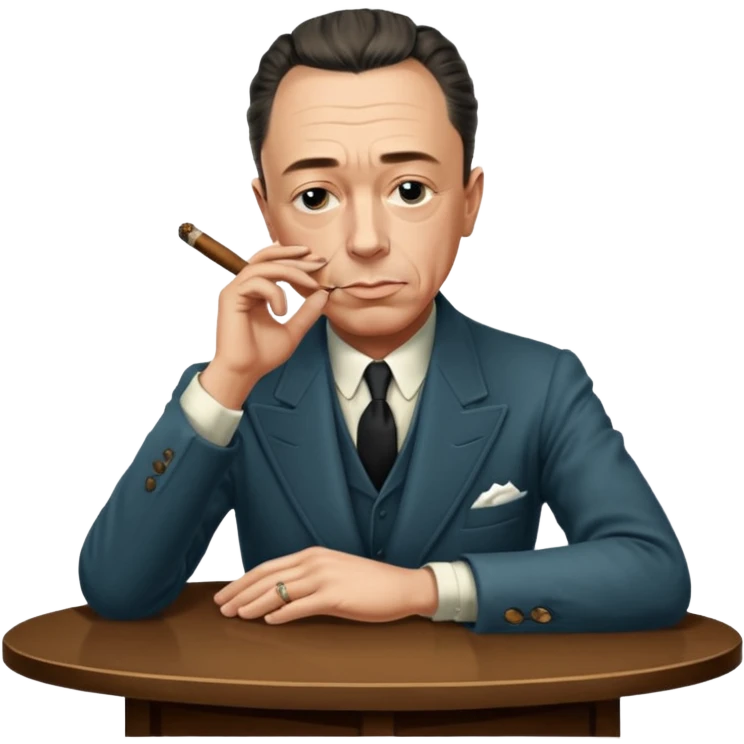 Albert Camus with a small cigar between his fingers, and with his arms folded together on the table. He looks chic, intellectual, philosophical, yet not so serious, thus so having fatal charm and attractive. His posture looks relaxed.  emoji