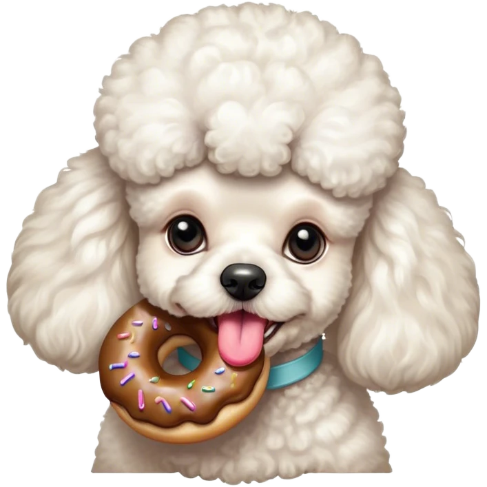 French poodle blanco tamaño mediano hembra con una dona en la boca, todo el cabello esponjoso sin ningún estilo  emoji