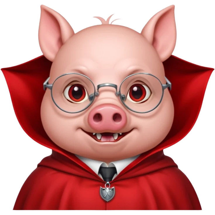 Vampire animal, pig in red collar cloak, red eye, fangs, classes emoji