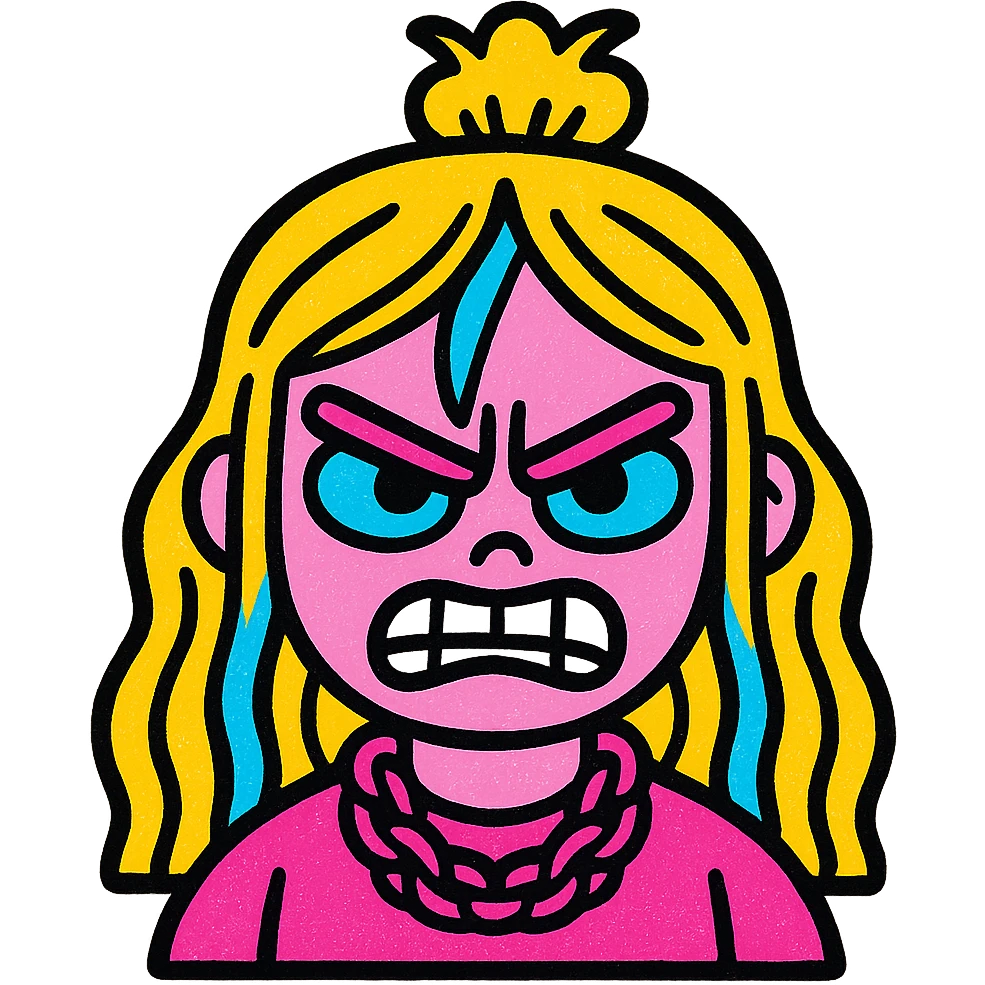 angry Billie Eilish, expressive face, iconic hair, stylized portrait, bold vibrant colors, pop art style emoji