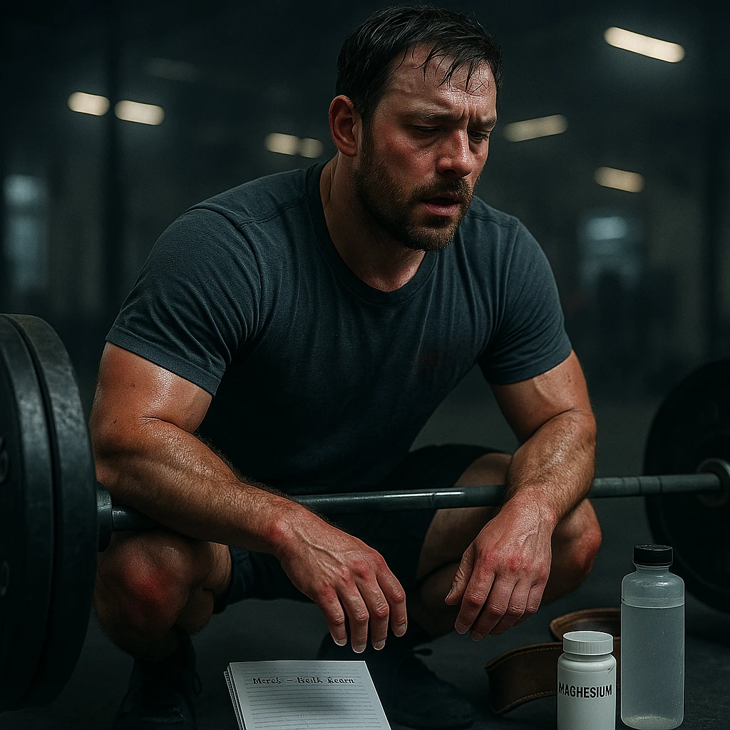 Inspired by the provided image, depict an athletic early 30s man performing a heavy deadlift, sweat, hands with chalk, diary nearby, dark circles and redness on joints. On the floor: water bottle, magnesium, belt. Background: blurred gym with cold lighting. Cinematic realism. emoji