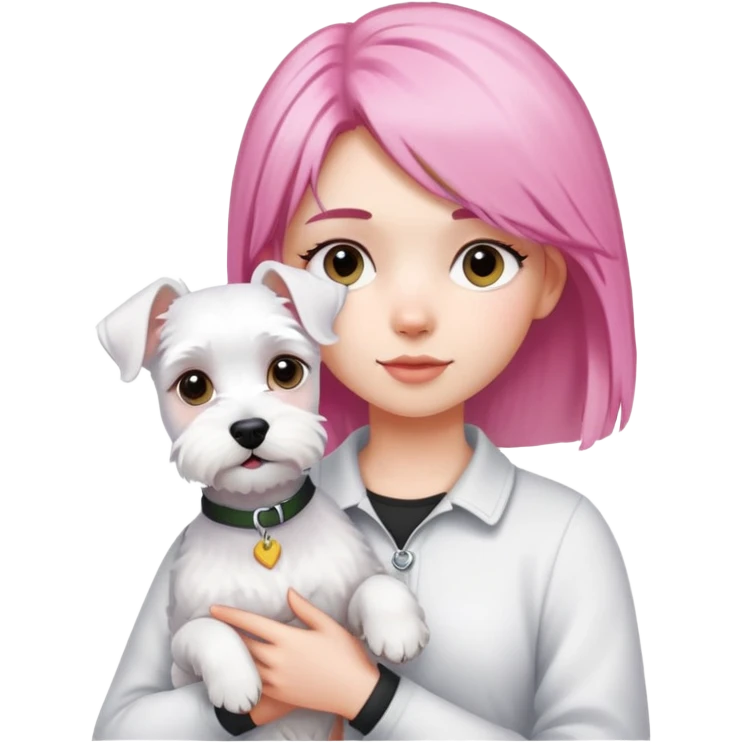 Pink-haired girl holding a white schnauzer dog emoji