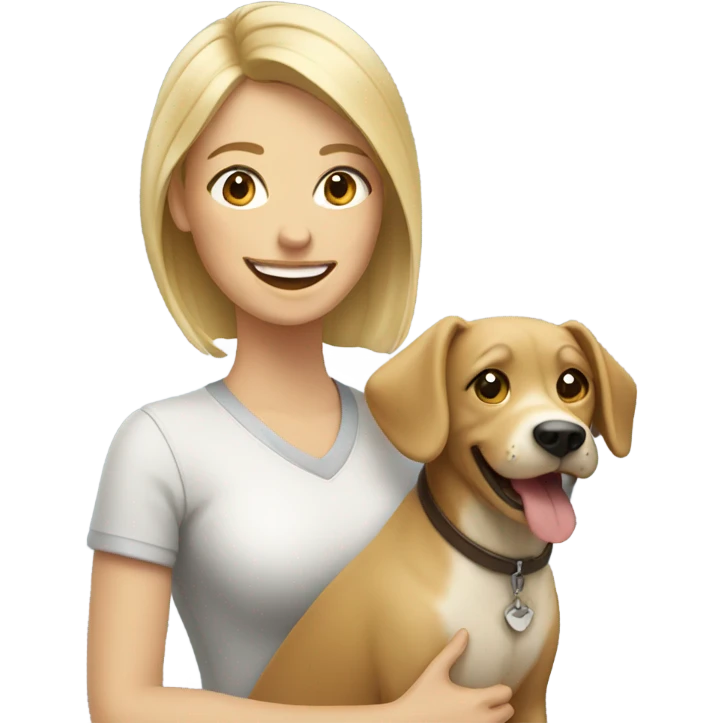 blonde woman smiling with dog emoji