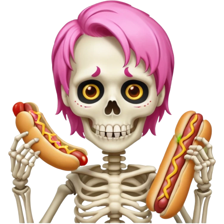 skeleton with pink hair eating a hot dog emoji