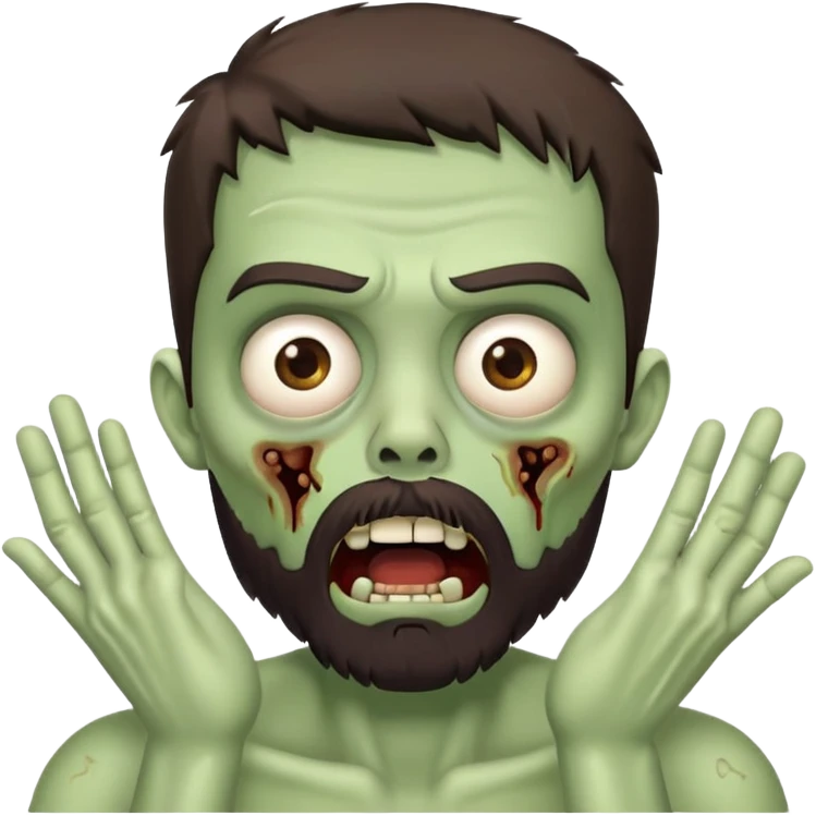 shocked zombie with hands on face, dark brown hair and short full beard emoji