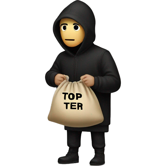 Thief wearing all black clothes actively stealing a beige money bag with the words Top Tier embroidered on it emoji