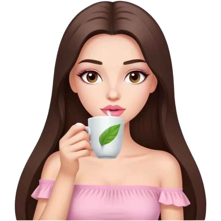 exotic pale girl, very full lips, long straight brunette hair, long lashes, pastel pink tube top, sipping tea  emoji