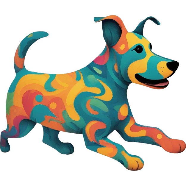 Abstract quirky funky made of different shapes dog running and squiggles linocut multicoloured illustrations  emoji