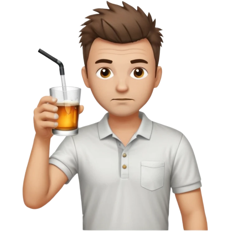 Handsome male.short messy brown hair.mowhawk hairstyle. wearing white golf shirt.grey shorts. Drinking rum . Drunk emoji