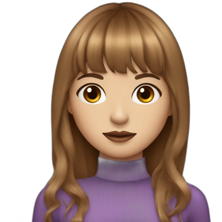 long brown hair skinny girl with curtain bangs, thin face and makeup from head to chest emoji