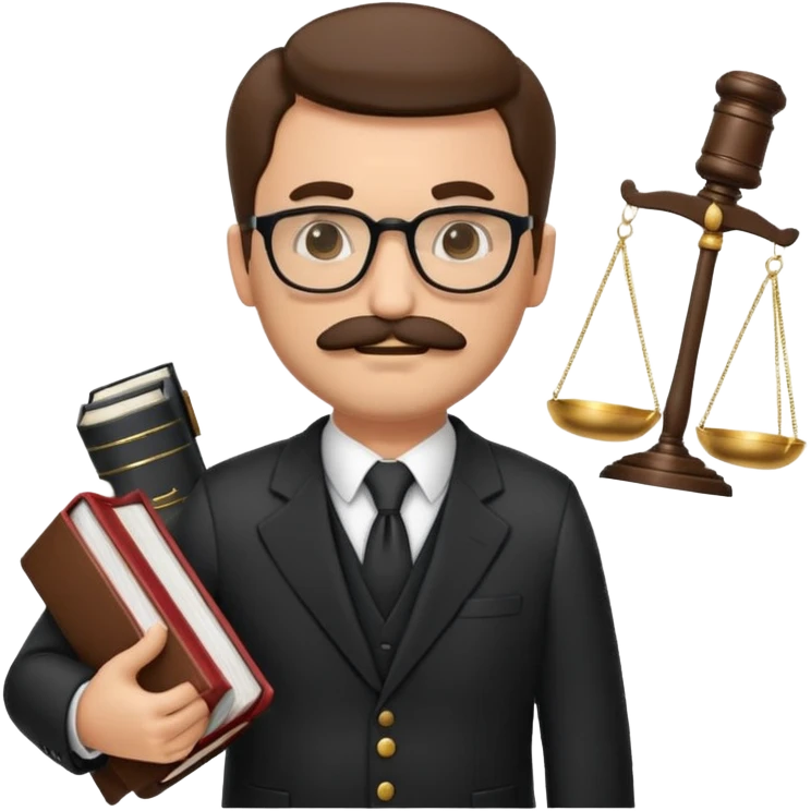 “Create a clean, modern emoji-style illustration of a male lawyer. He is wearing a formal suit jacket. He is holding a judge’s gavel in one hand and has a law book tucked under his arm. He has a mustache and a short beard, and he is wearing glasses. emoji