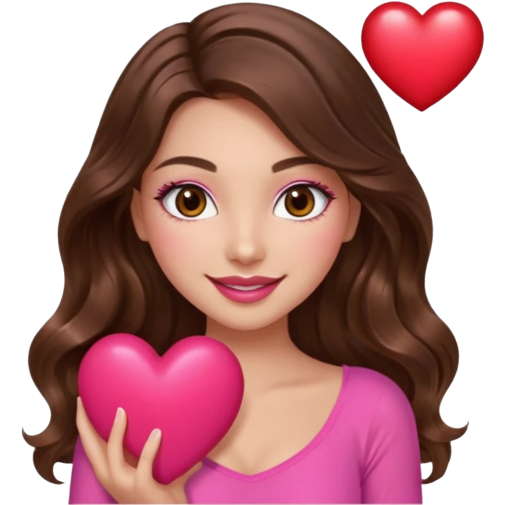 girl with long wavy brown hair, brown eyes, long lashes makeup, sexy pink lips, light to medium complexion, wearing a pink sexy top, smiling, holding a big heart emoji