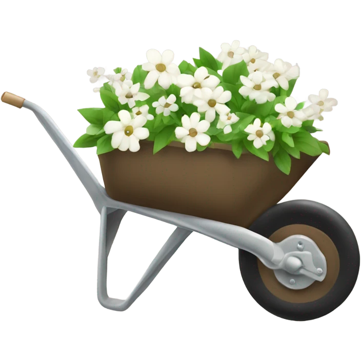 Brown wheelbarrow with white flowers inside no green  emoji