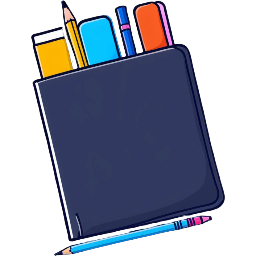 Cute school supplies including colorful pencil case, notebook, pens, and markers emoji