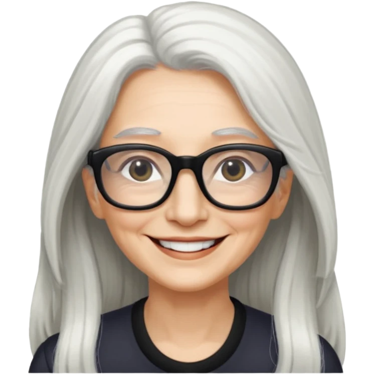 femme 60ans  avec de long cheveux blanc et des lunettes rectangles noir sourrir emoji