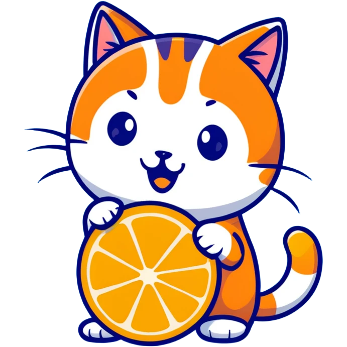 Cartoon orange cat eating an orange fruit that has a cat face on it emoji
