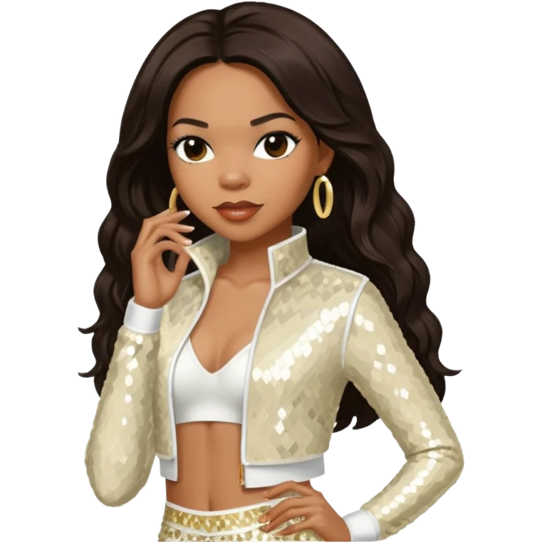 Tenitra Michelle Williams (b.1979), R&B Singer from Destiny's Child with long dark brown hair, ivory sequin outfit, medium dark skin emoji