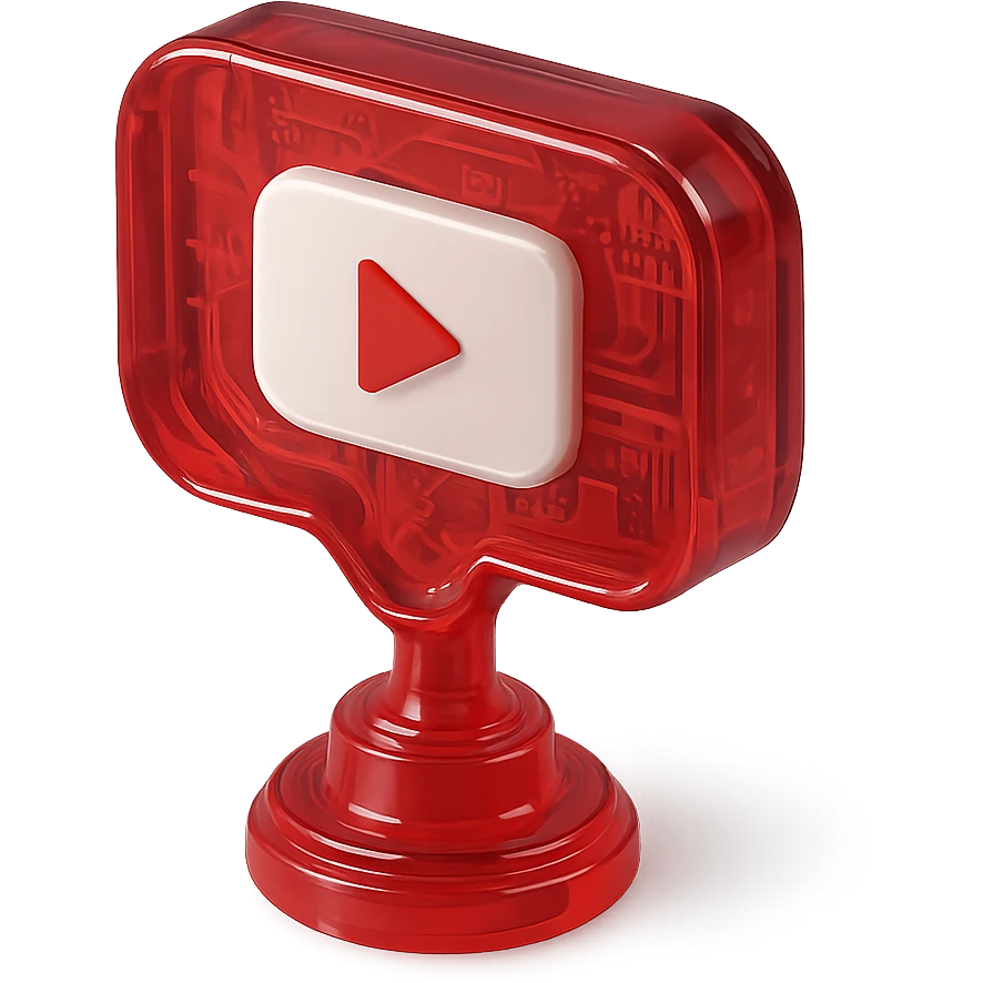 red speech bubble with a red YouTube play button, like a trophy, glossy circuit style emoji