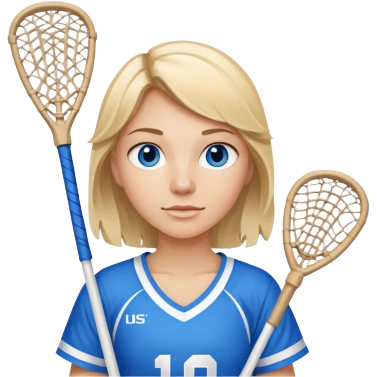 Blonde white with blue eyes lacrosse player holding one lacrosse stick wearing blue and white gear  emoji